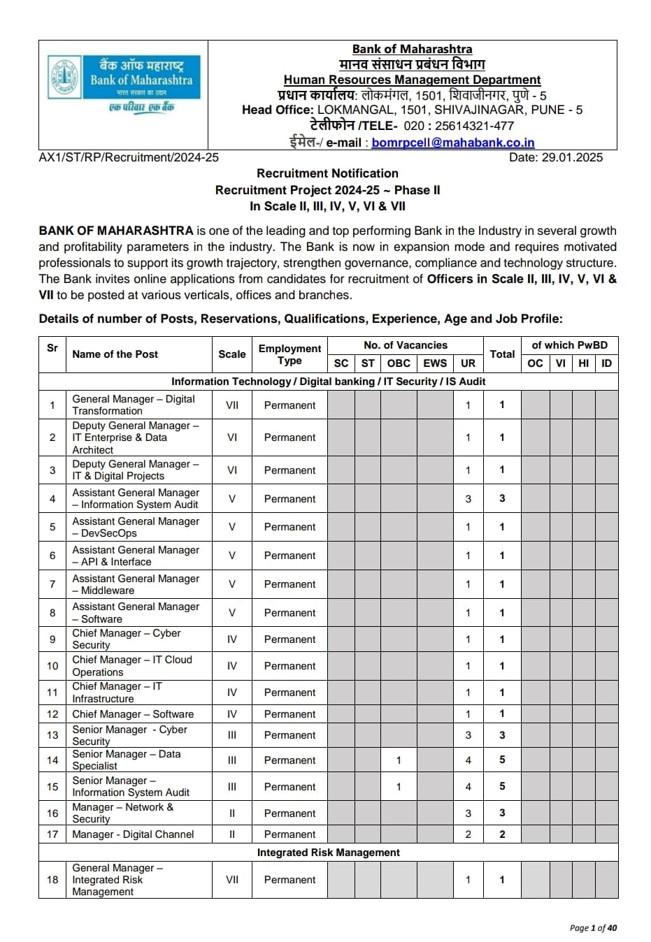 Bank of Maharashtra Bharti 2025