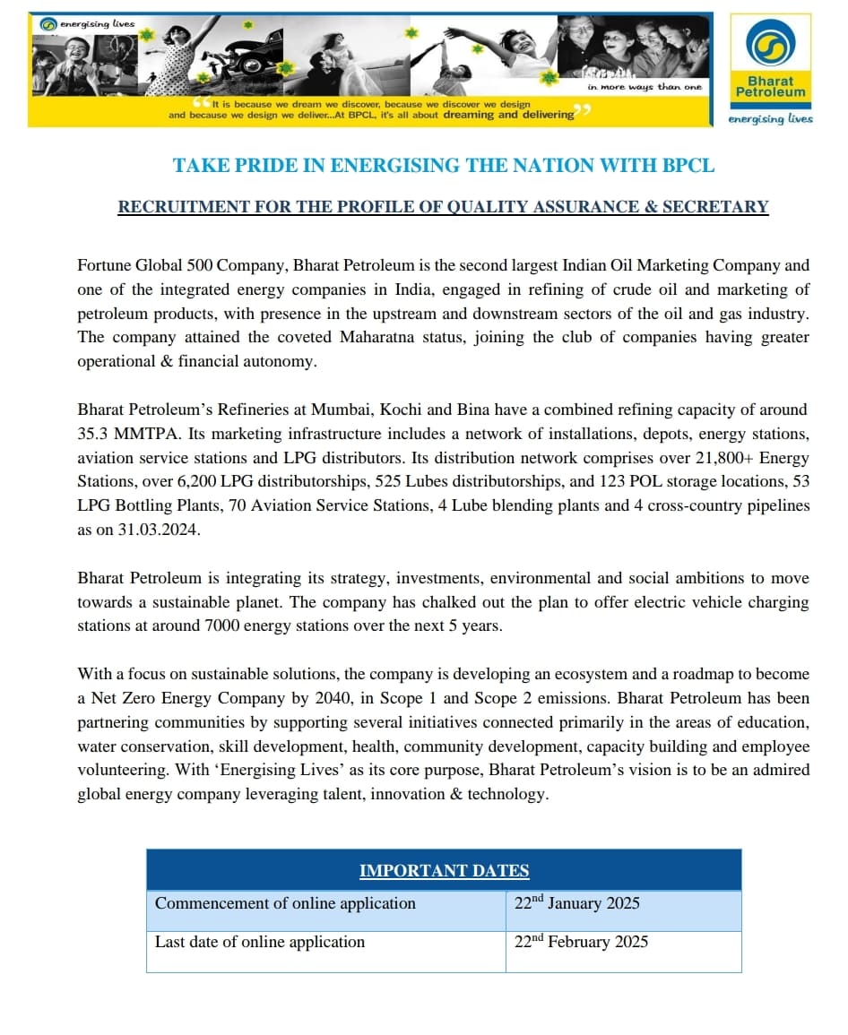 Bharat Petroleum Recruitment 2025 Notification Out