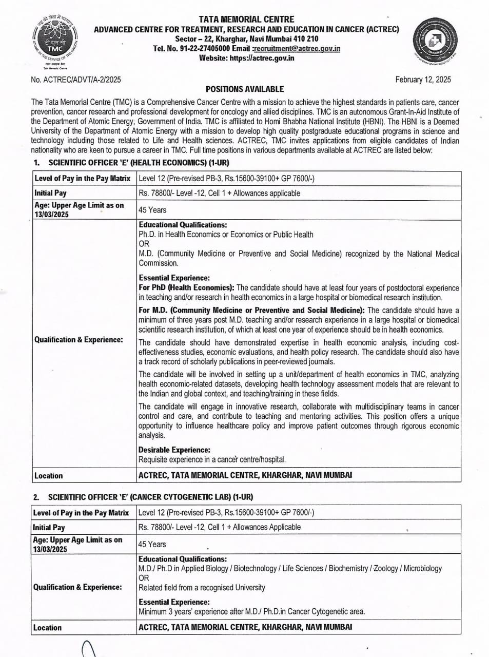 ACTREC Bharti 2025