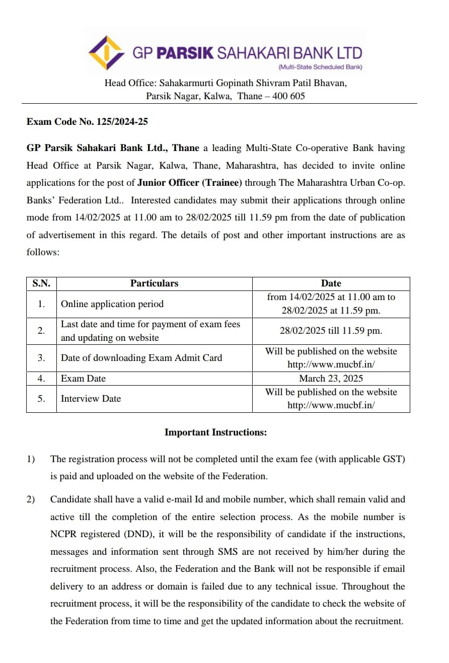 GP Parsik Sahakari Bank Recruitment 2025
