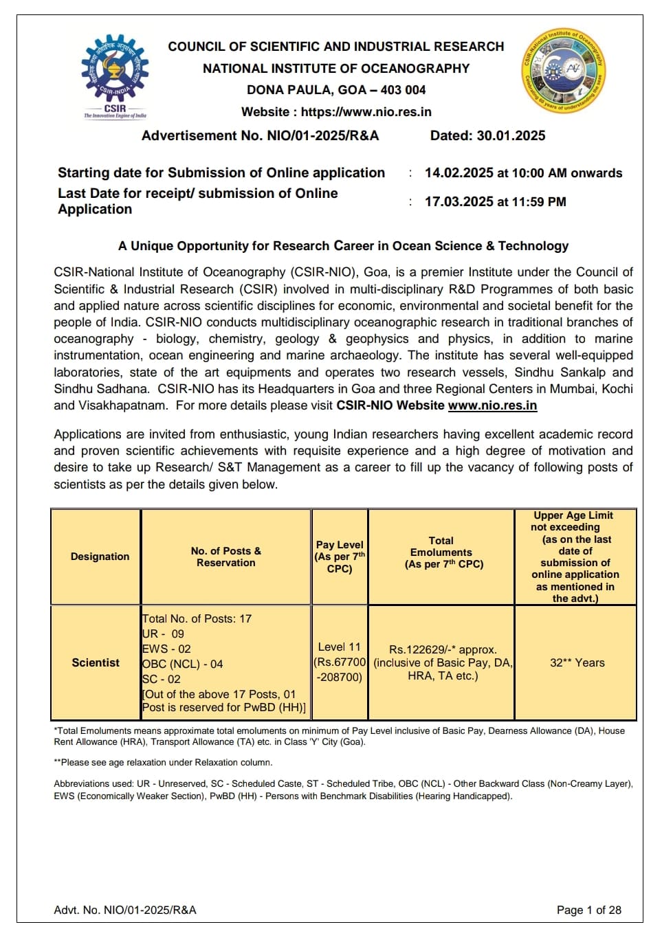 CSIR-NIO Goa Recruitment 2025