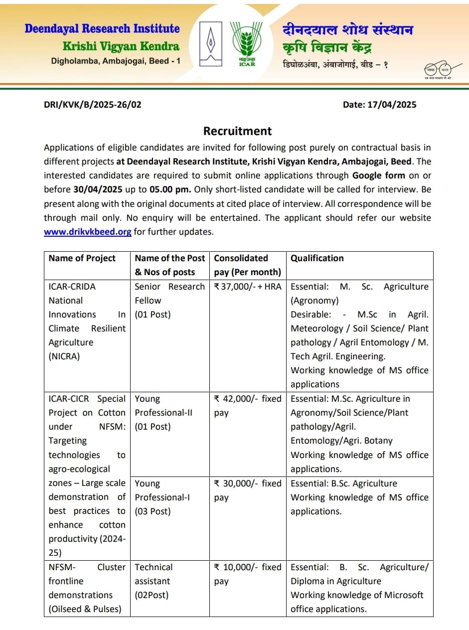 Krishi Vigyan Kendra Recruitment 2025