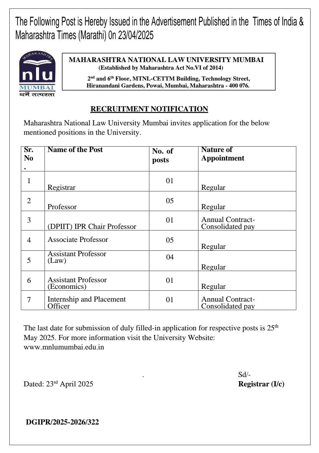 MNLU Mumbai Recruitment 2025