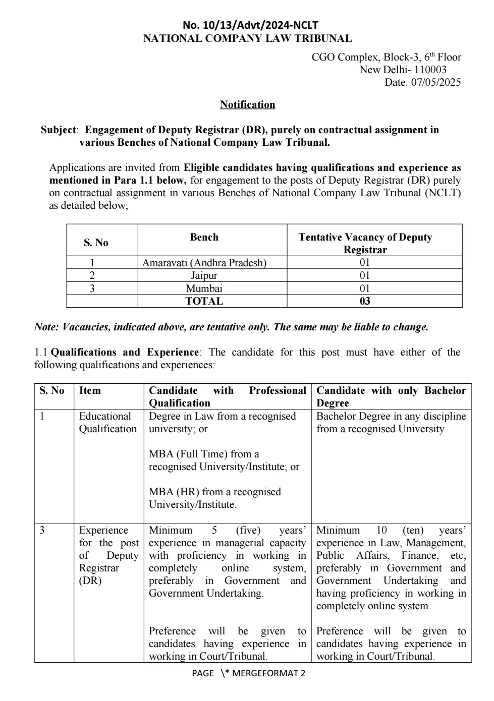 NCLT Mumbai Bharti 2025