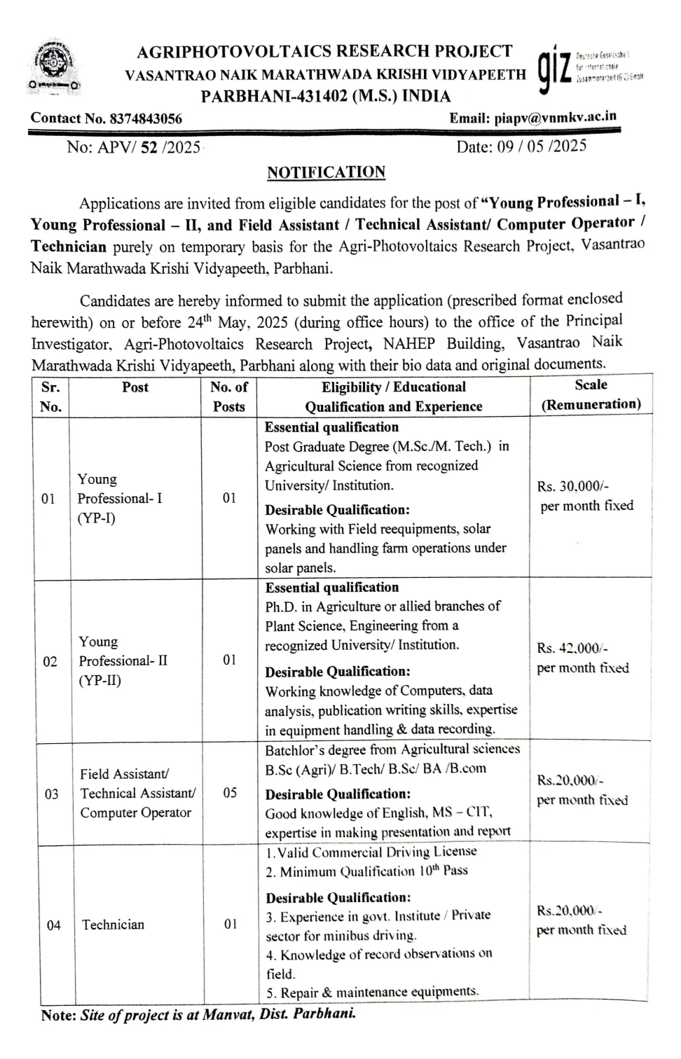 VNMKV Parbhani Recruitment 2025