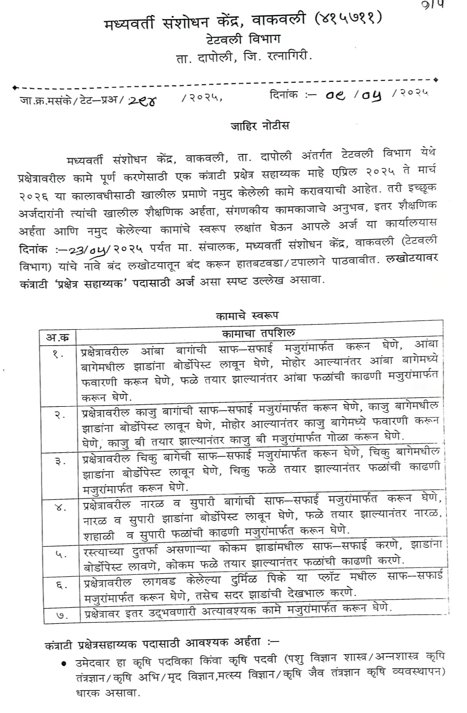 DBSKKV Ratnagiri Vacancy 2025
