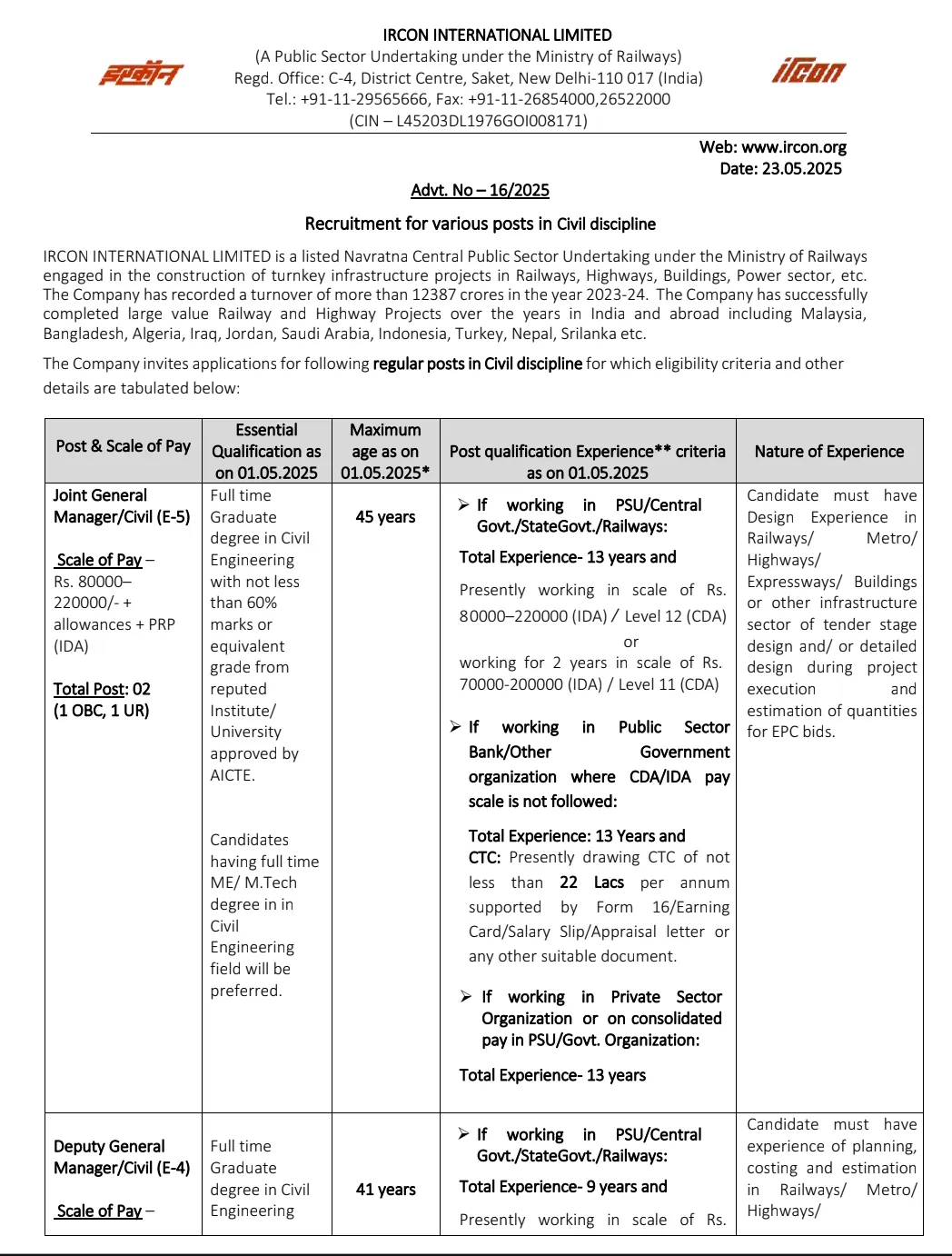IRCON Vacancy 2025: An official advertisement has been published for the recruitment of various posts in IRCON International Limited. Applications are being invited from interested candidates who want to get a job in this department. This is a great opportunity to get a job in IRCON International Limited. Interested and eligible candidates should apply for this recruitment immediately. Detailed information and pdf of the recruitment are provided below. Before applying, read the pdf carefully and apply.