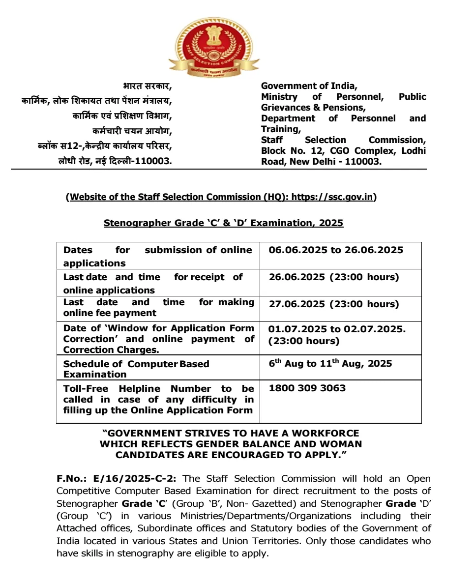 SSC Stenographer Recruitment 2025