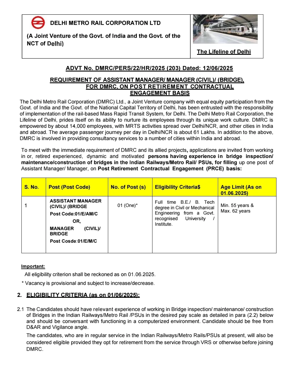 Delhi Metro Vacancy 2025: Delhi Metro Rail Corporation Ltd. has published an official advertisement for the recruitment of various posts. Applications are being invited from interested candidates who want to get a job in this department. This is a great opportunity to get a job in Delhi Metro Rail Corporation Ltd. department. Interested and eligible candidates should apply for this recruitment immediately. Detailed information and pdf of the recruitment are provided below. Before applying, read the pdf carefully and apply.