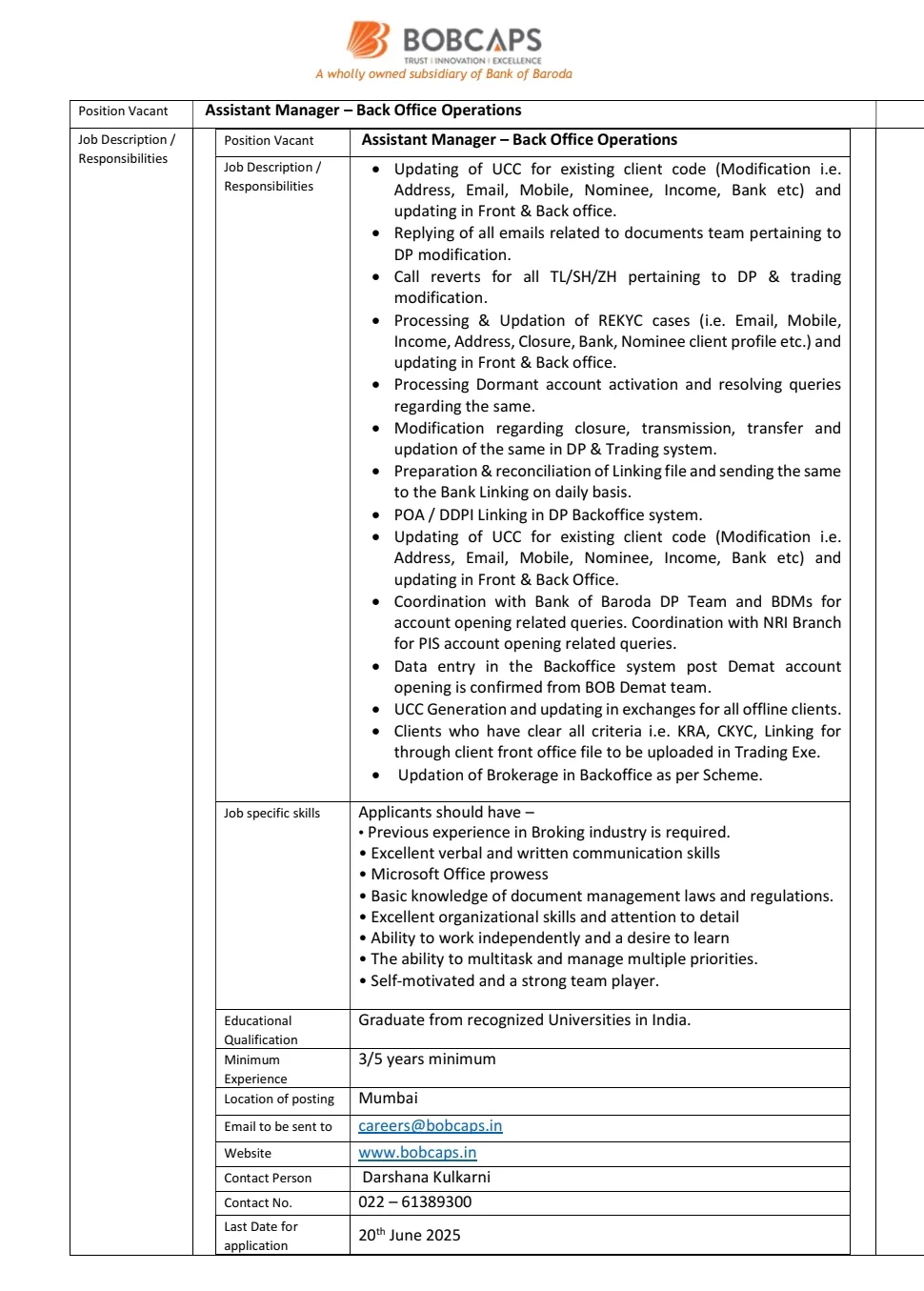 BOBCAPS Mumbai Recruitment 2025: Official advertisement has been published for the recruitment of various posts in BOB Capital Market Ltd. Applications are invited from interested candidates who want to get a job in this department. This is a great opportunity to get a job in BOB Capital Market Ltd. Interested and eligible candidates should apply for this recruitment immediately. Detailed information and pdf of the recruitment are provided below. Before applying, read the pdf carefully and apply.