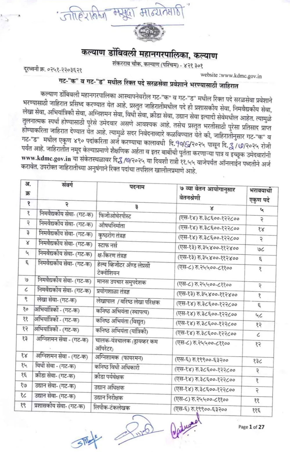 Mahanagarpalika Recruitment 2025: Official advertisement has been published for the recruitment of various posts in Kalyan Dombivli Municipal Corporation. Applications are being invited from interested candidates who want to get a job in this department. This is a great opportunity to get a job in Kalyan Dombivli Municipal Corporation department. Interested and eligible candidates should apply for this recruitment immediately. Detailed information and pdf of the recruitment are provided below. Before applying, read the pdf carefully and apply.